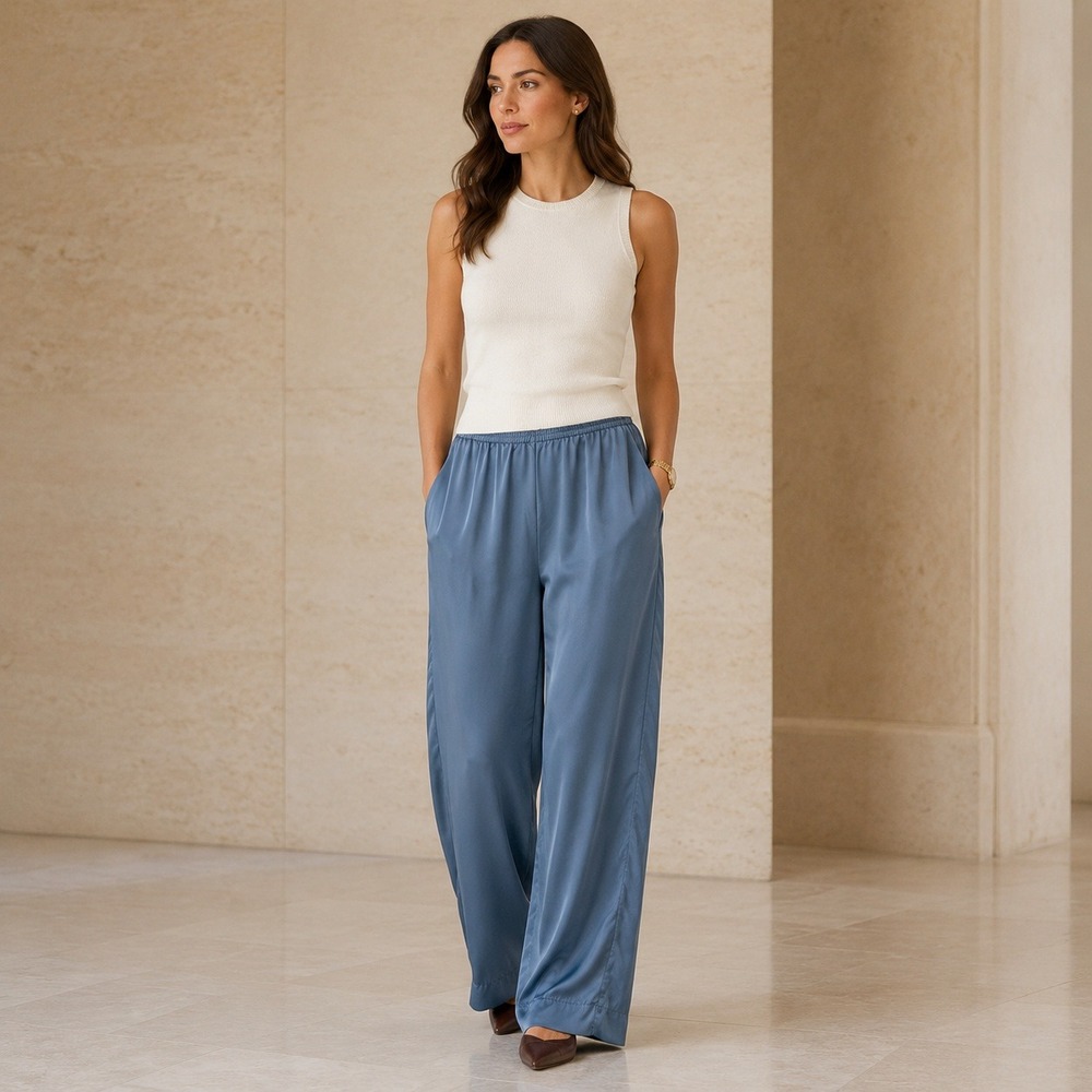 Eileen Fisher Washable Silk Wide Leg Pant L Blue Pull On Quiet Luxury Minimalist